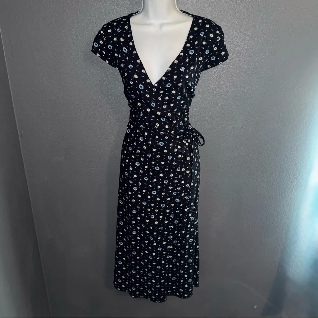 J. Crew Mercantile Black & Blue V-Neck Floral Wrap Midi Fall Dress Womens Medium - Image 4