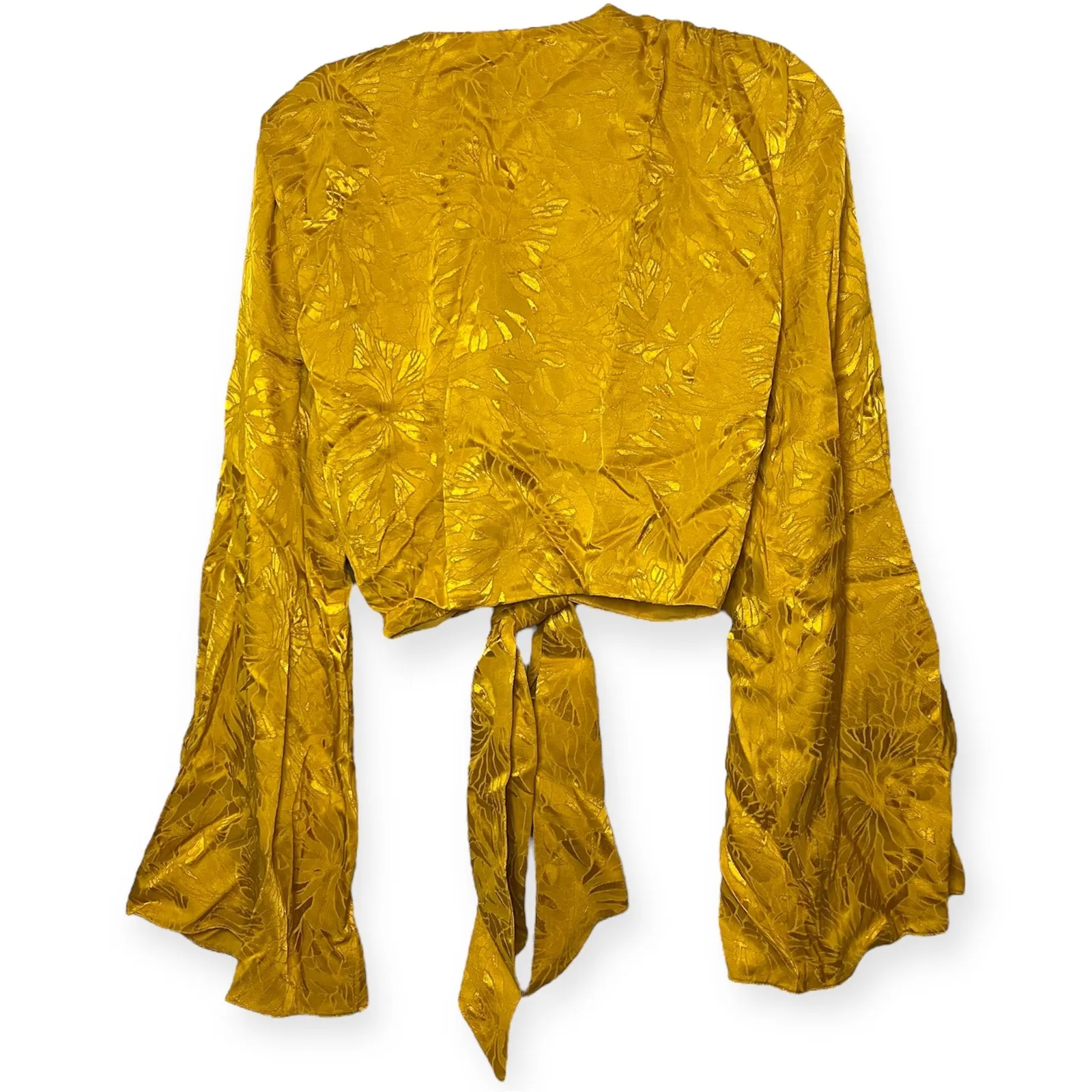 House of Harlow 1960 x Revolve Gold Metallic Tie Front Blouse Bell Sleeve Top S - Image 6