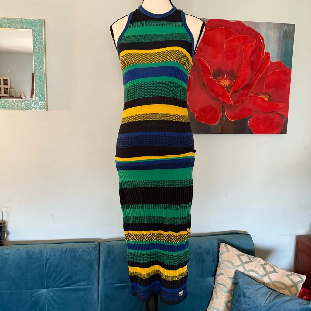 Superdry Sleeveless Ribbed Knitted Midi Dress Sz US4 Stretchy Multicolor Striped - Image 2