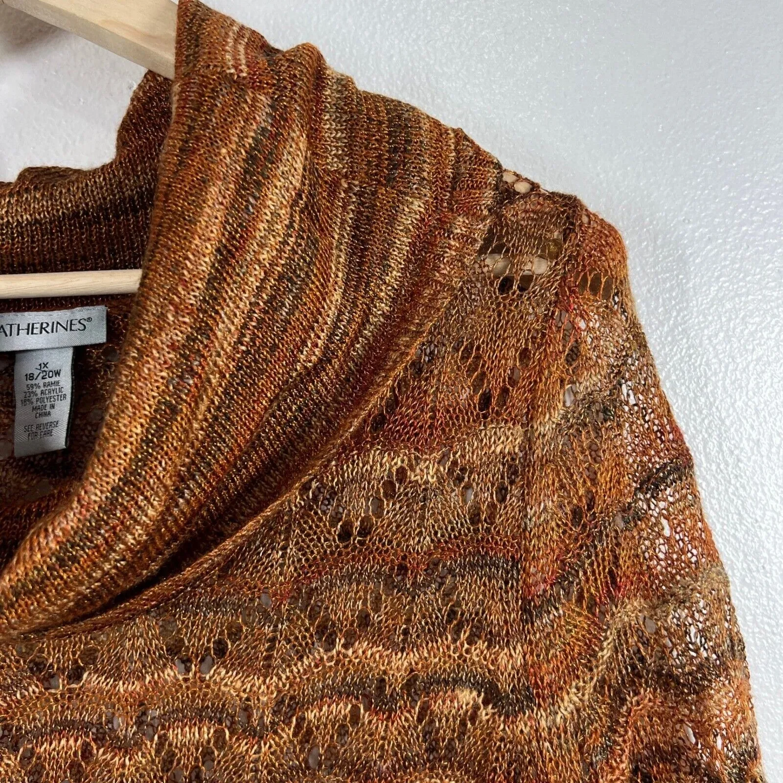 Catherines Tunic Sweater Cowl Neck Open Knit Pullover Earth Tone 3/4 Sleeve 1X - Image 5