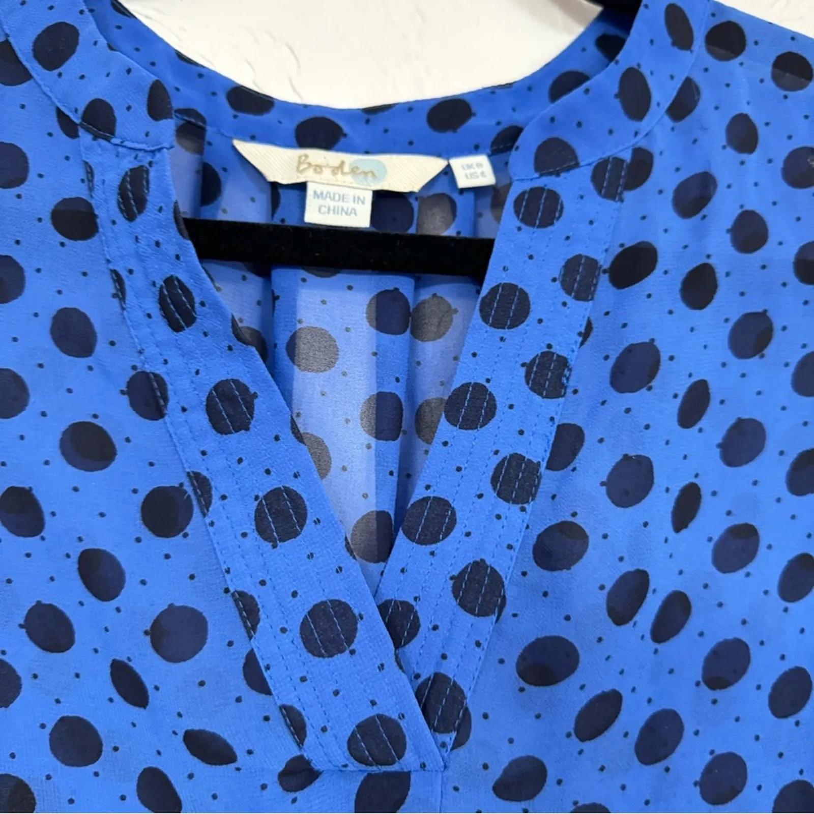 Boden Blue Black Polka Dot Blouse Womens 4 Flutter Sleeve Classic Preppy Shirt - Image 8