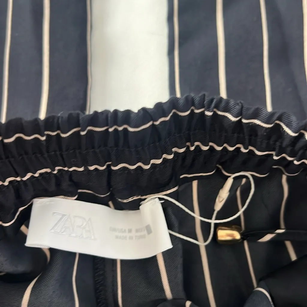 ZARA SIDE STRIPE DRAWSTRING WIDE LEG PANTS Dark Blue Cream Size Medium - Image 9