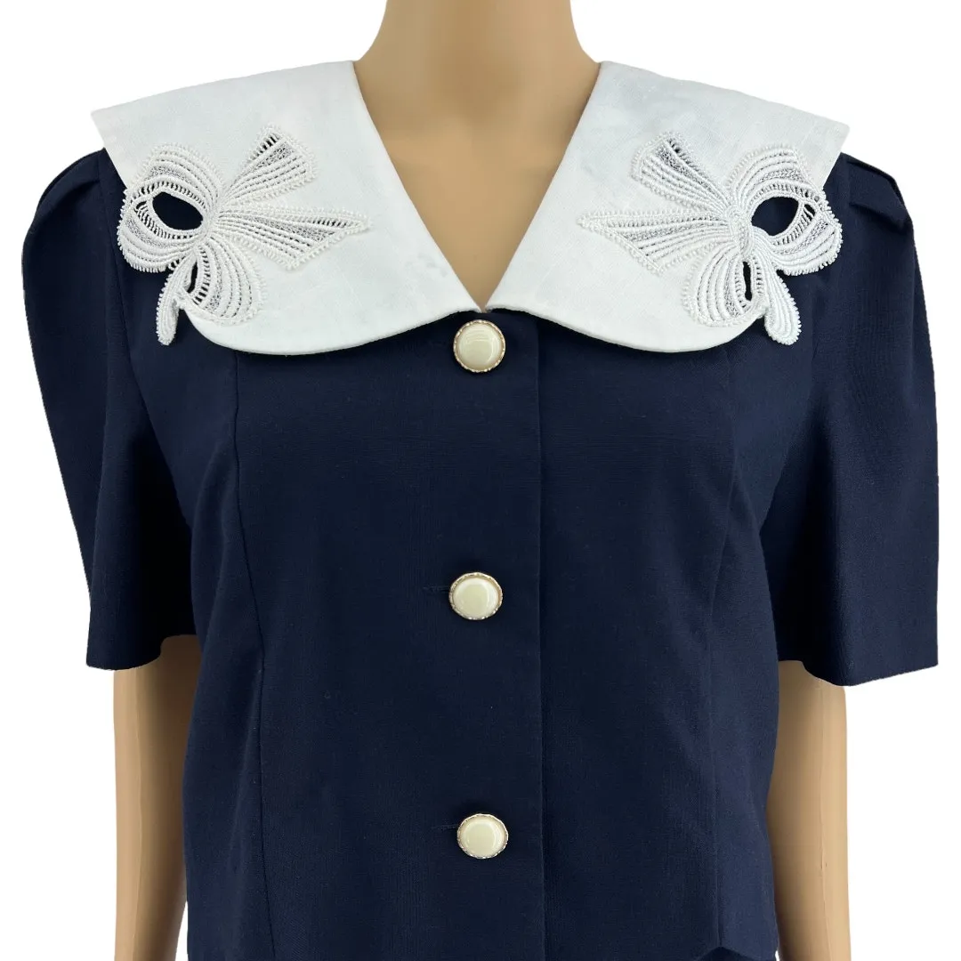 VINTAGE US 14 90's Navy Blue White Bow Collared Sheath Dress Sunshine Starshine - Image 2