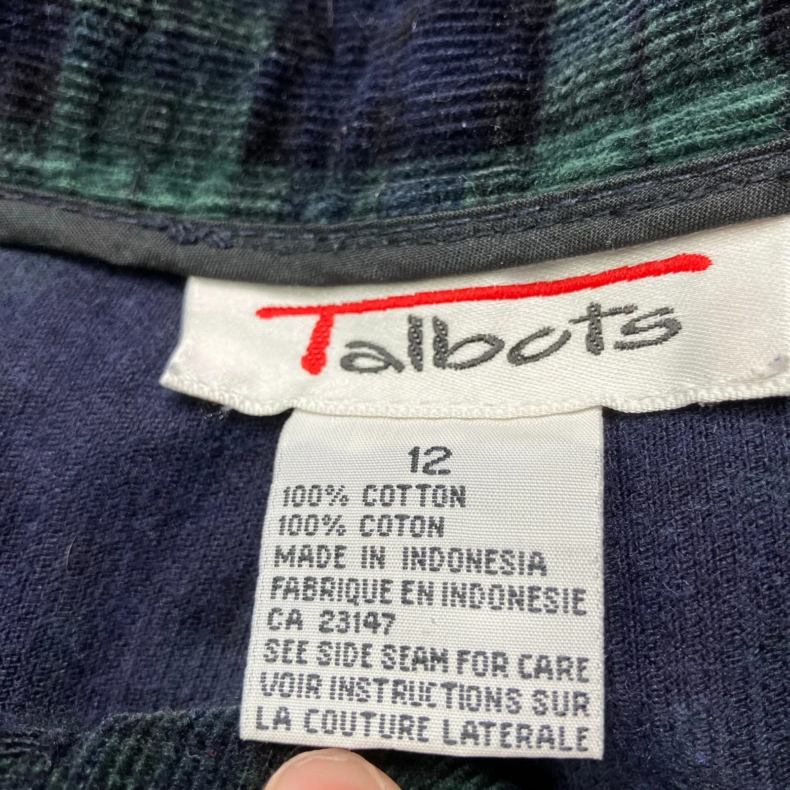 Talbots Vintage Plaid Corduroy High Rise Pants Navy Green 100% Cotton Womens 12 - Image 4