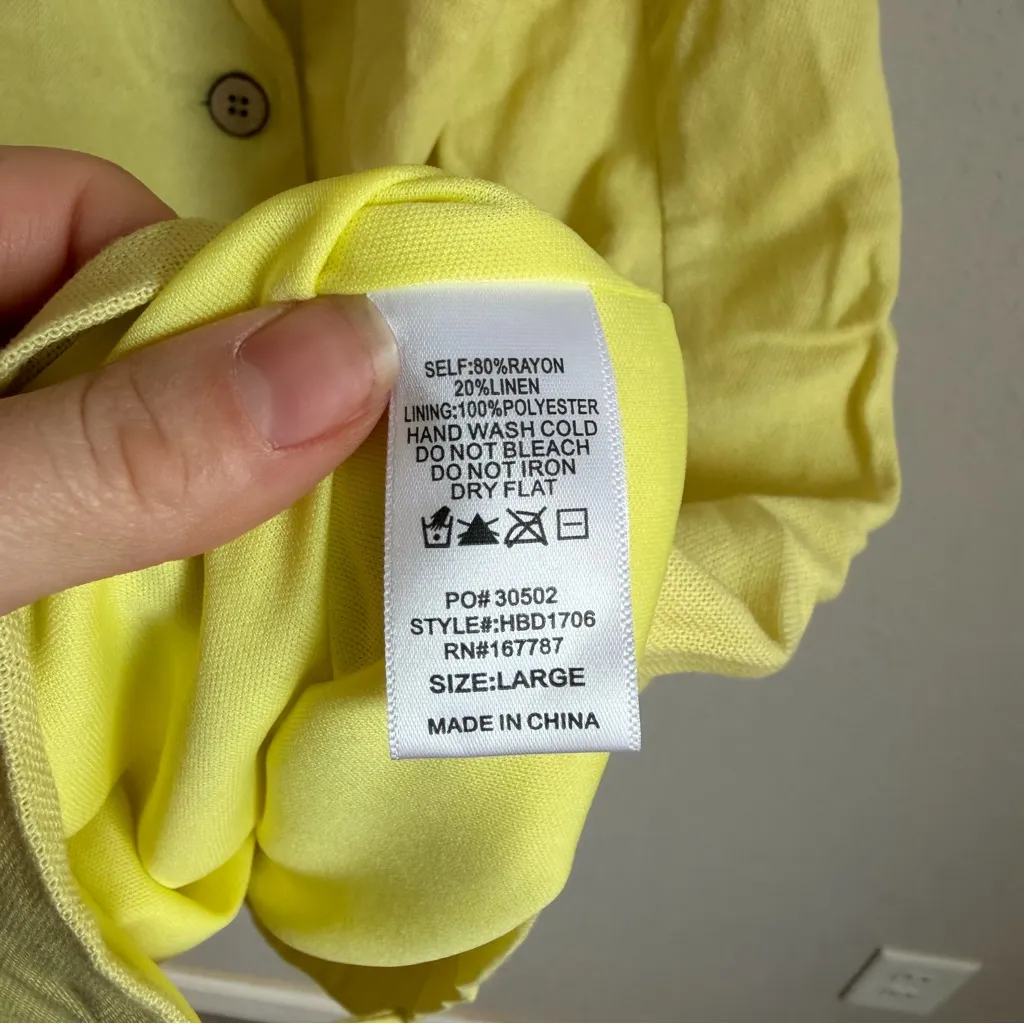 NWT Hunter & Brown Charteuse Yellow Linen Blend Button Up Mini Dress Womens L Size L - Image 6