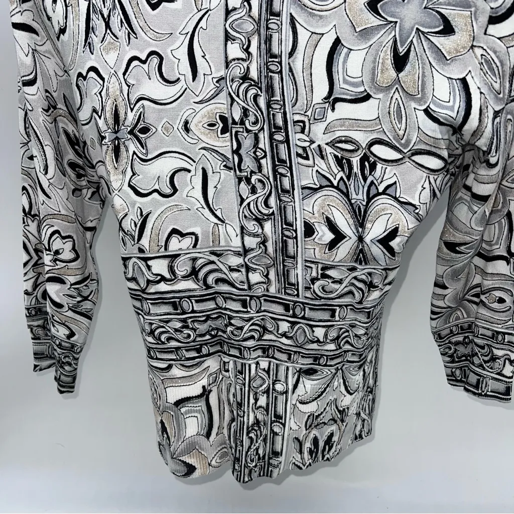 White House Black Market Black/Gray/Light Gold on White Floral Cardigan—Size XS - Image 9