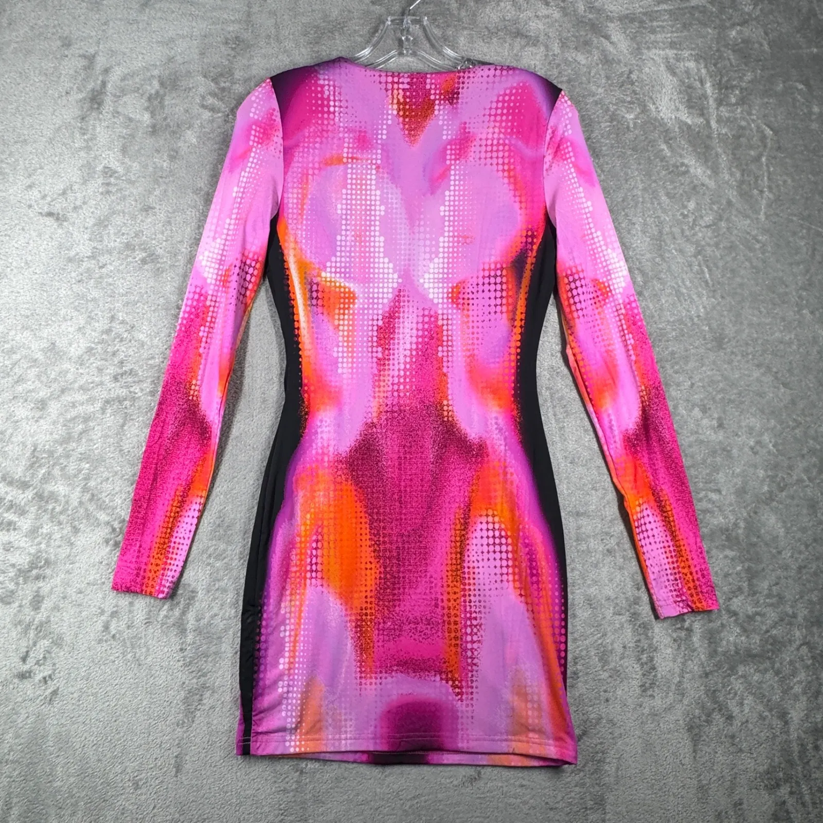 White‎ Fox Boutique Bodycon Mini Dress Pink Orange Abstract Print Long Sleeve - Image 3