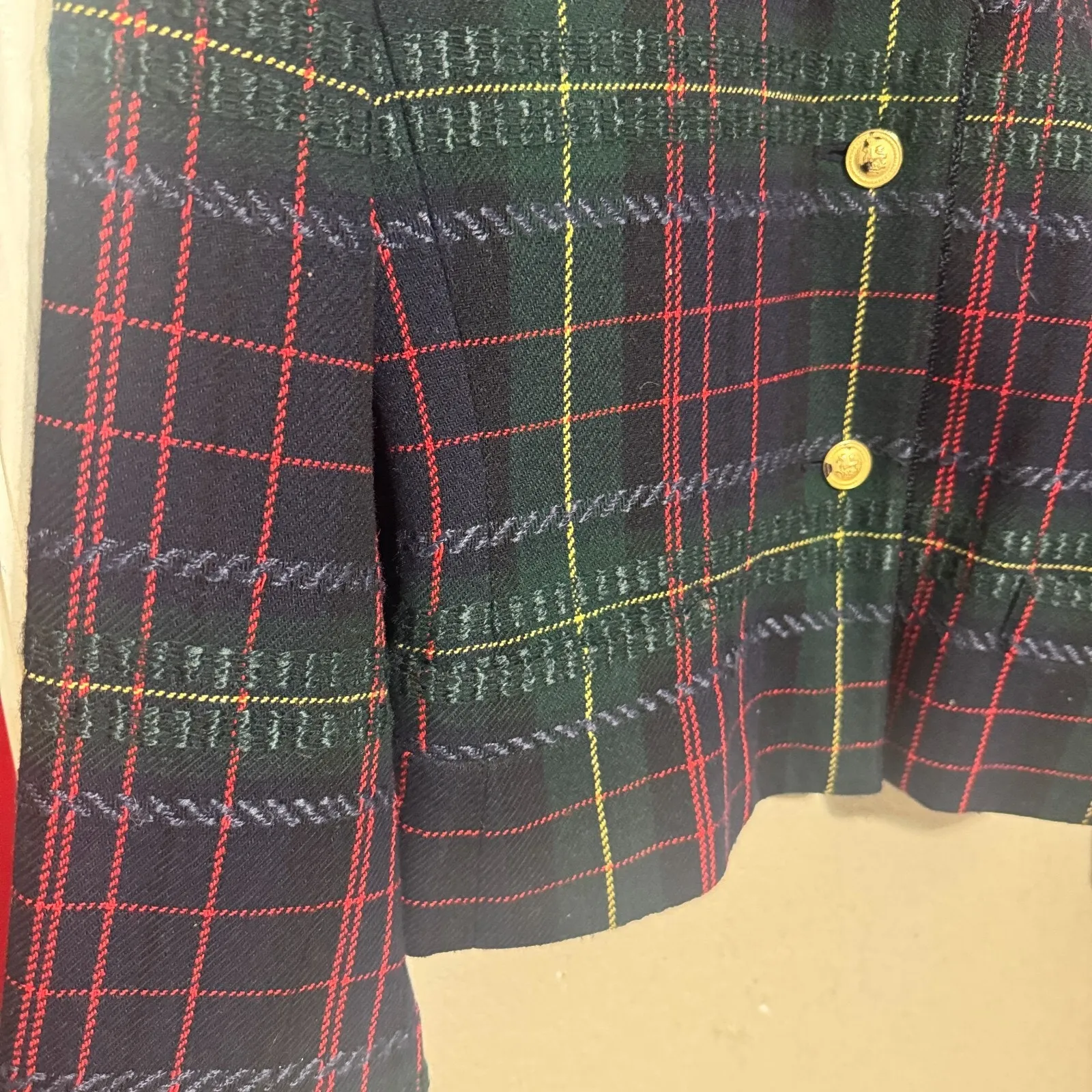 Kasper ASL Wool Plaid Blazer 14 Navy blue green Jacket Old Money Gold buttons - Image 4