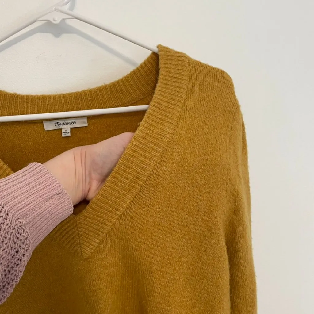 MADEWELL Westgate V-Neck Sweater Mustard Yellow Pleated Pleat Cropped Crop WOOL - Image 6