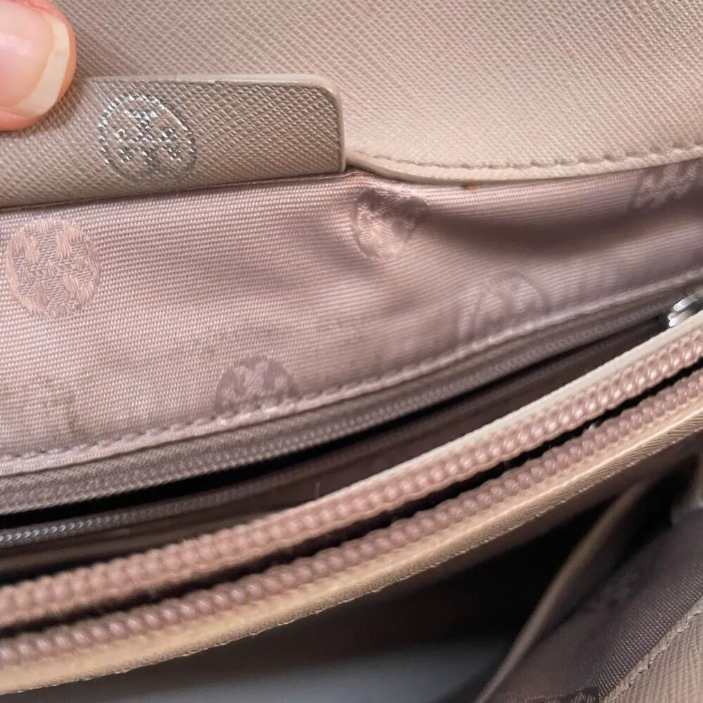 Tory‎ Burch York Buckle Tote Bag Saffiano Leather Taupe Shoulder Purse Double - Image 8