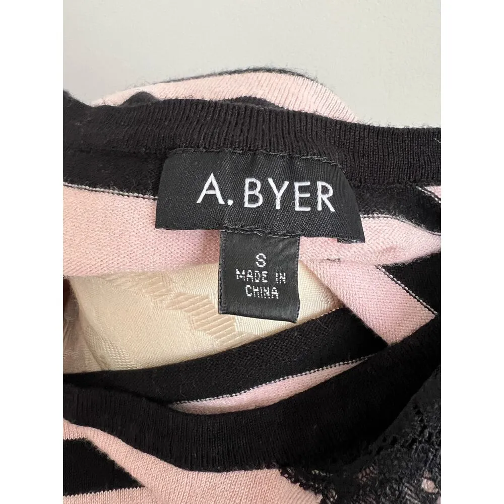 A. Byer 3/4 Sleeve Lace Overlay Striped Knit Sweater Small - Image 5