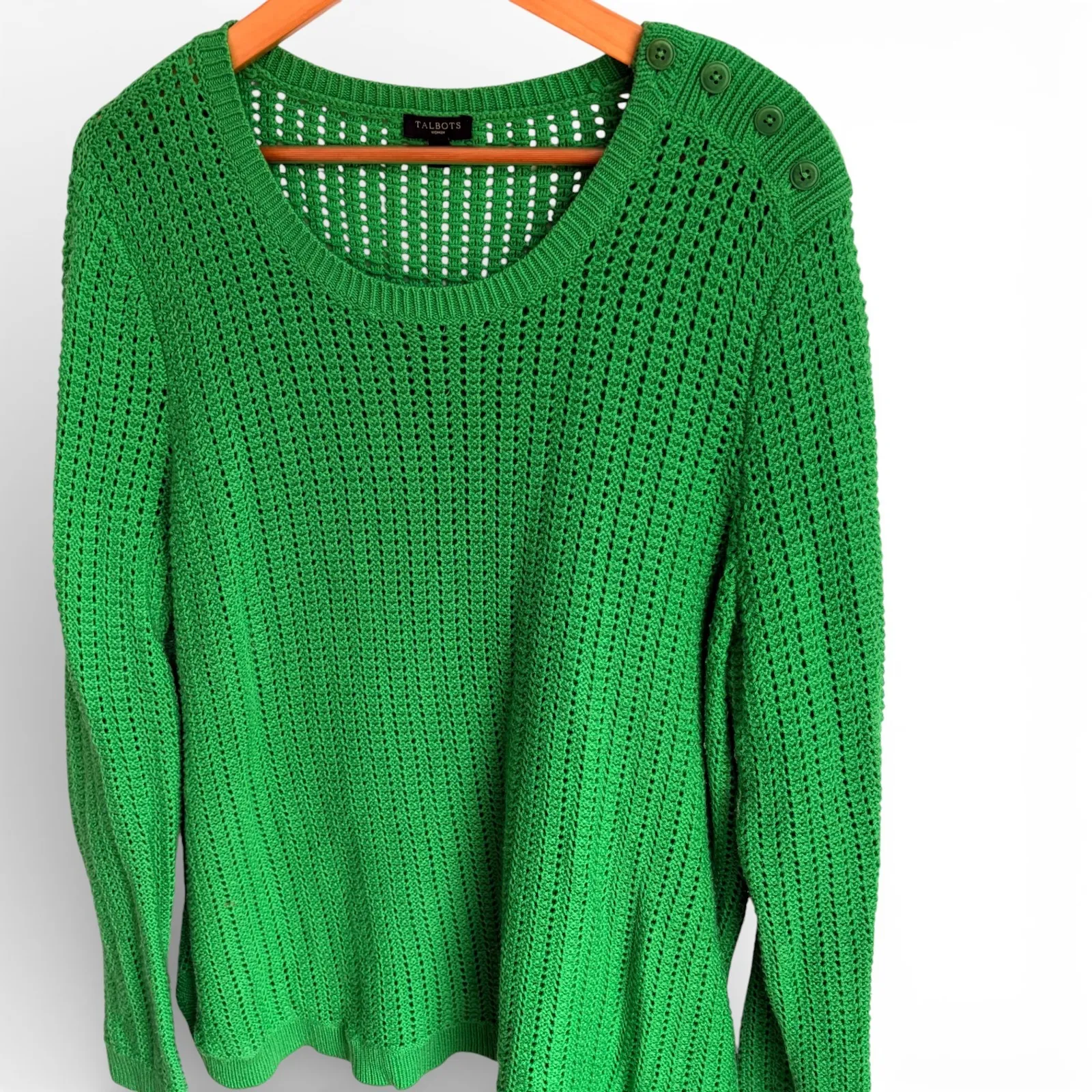 Talbots Women Kelly Green 2X Crew Neck Chunky Knit Sweater Lambswool - Image 2