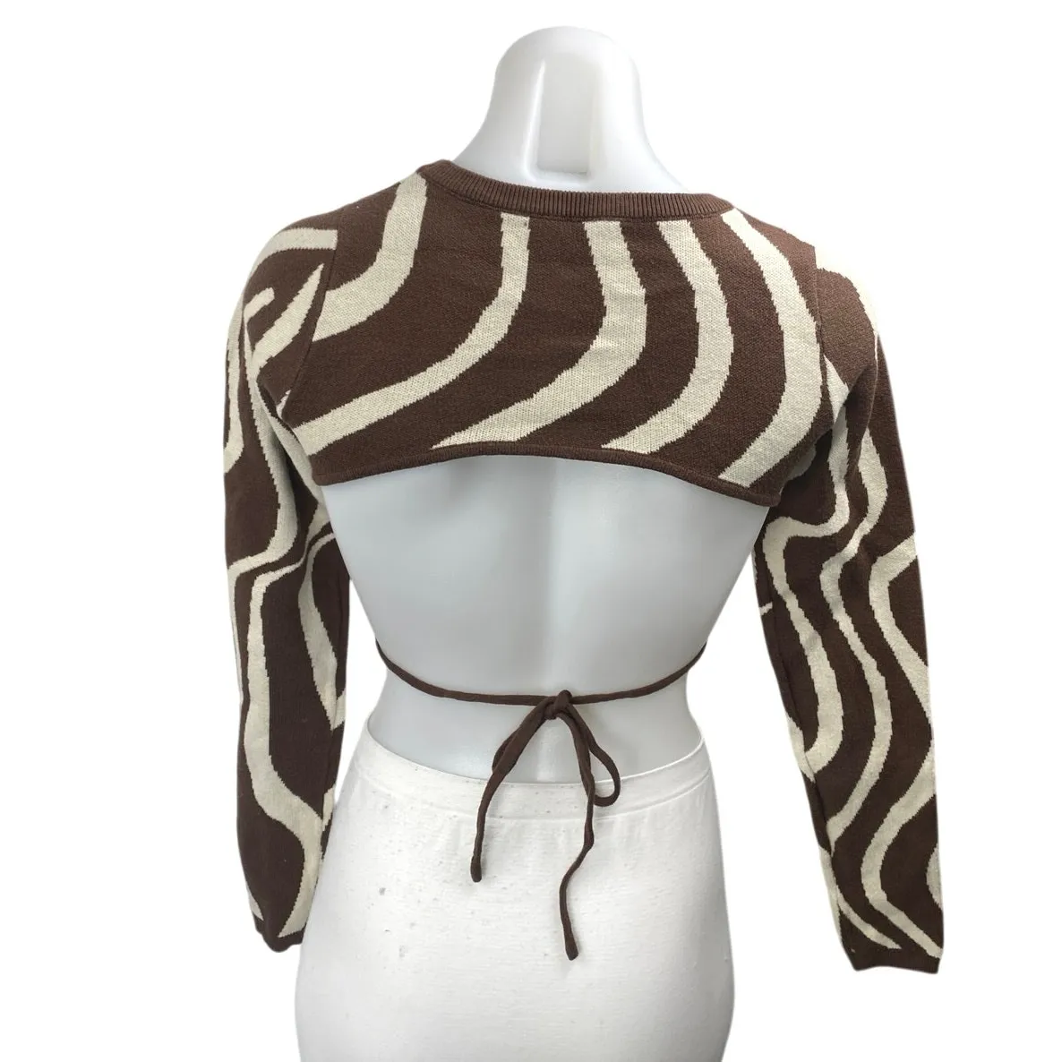 12th Tribe Brown Cream Striped Long Sleeve Cutout Tie Knit Crop Top Size XS - Image 2