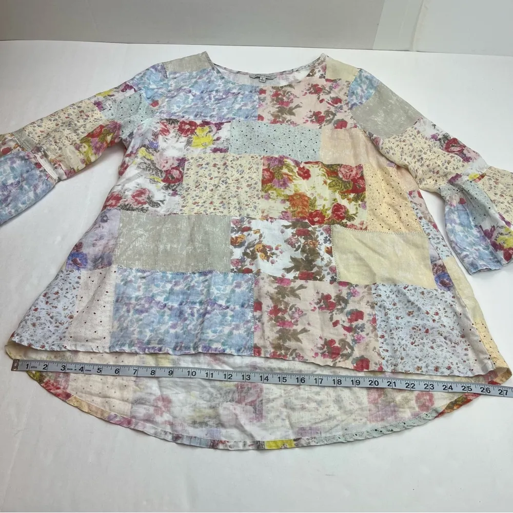 John Mark Large Patchwork Floral 100% Linen Tunic Top Hi Low Hem Flutter Sleeves - Image 6