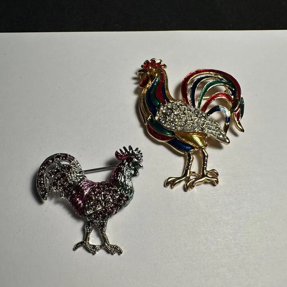 Lot Of 2 Bird Rooster Chicken Brooch Pins Enamel & Rhinestone - Image 7