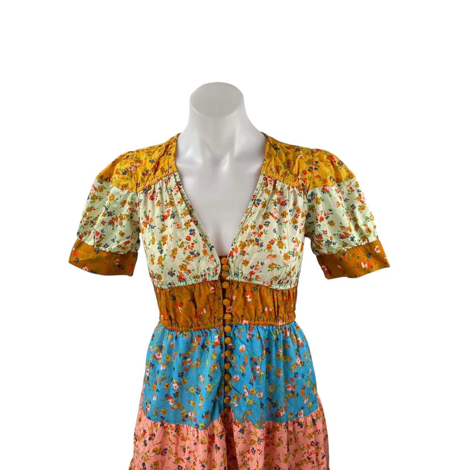 Anthropologie Tiered & True Multicolor Floral Colorblock V Neck Maxi Dress XXS - Image 3