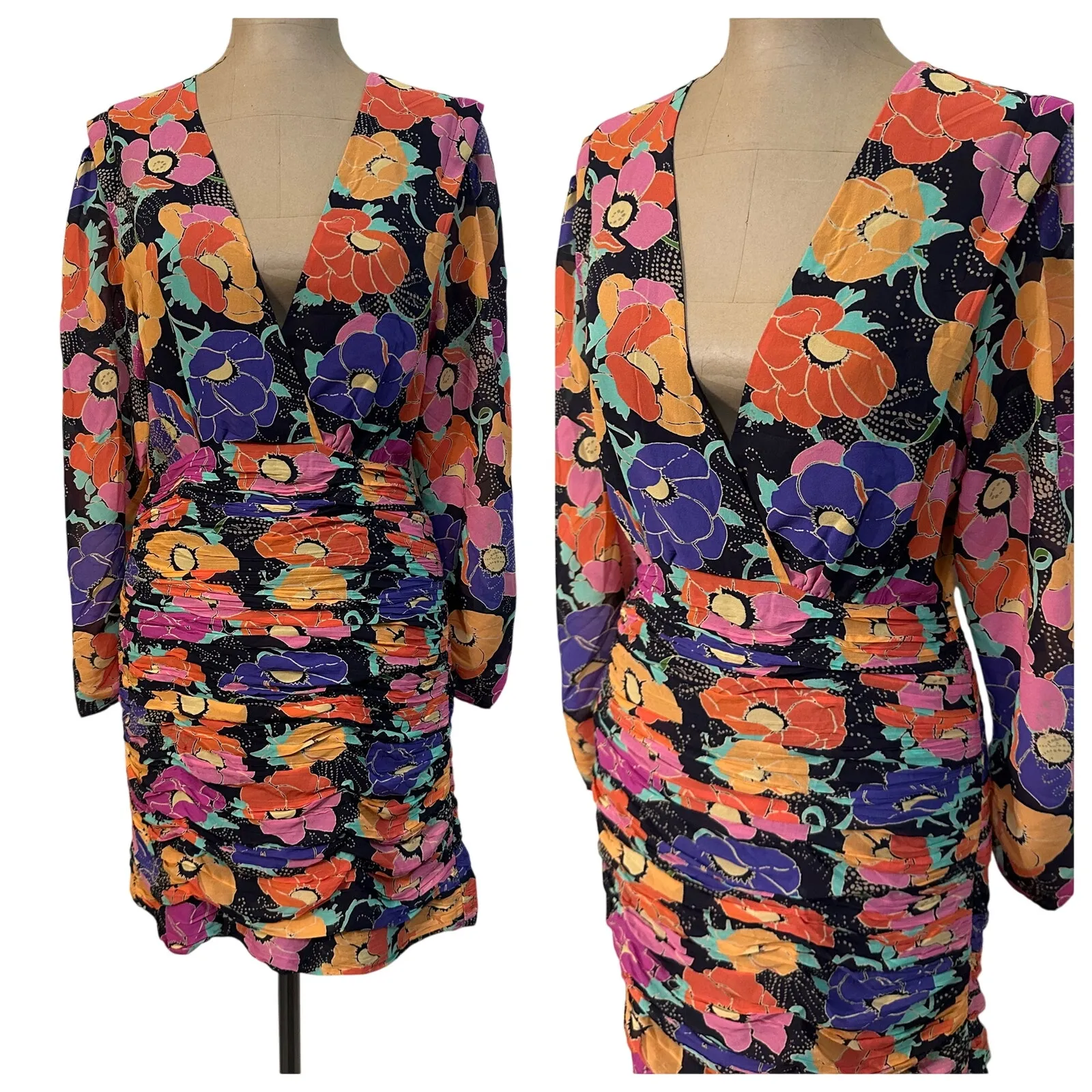 RIXO Mini Dress Black and Pink Floral Silk V Neck Sheath Ruched Skirt Size 6 - Image 5