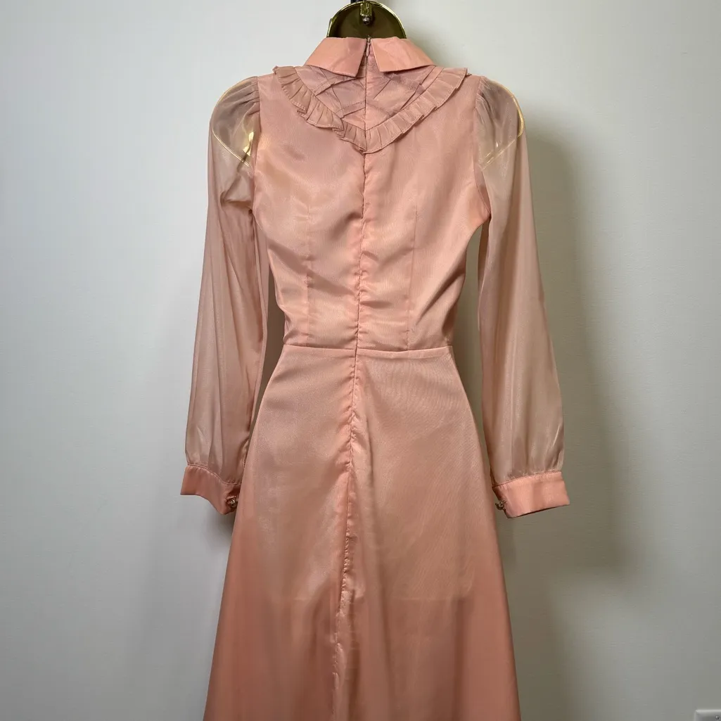 Blush Pink Chiffon Ruffle Dress Pearl Buttons Long Sleeve Size Small - Image 3