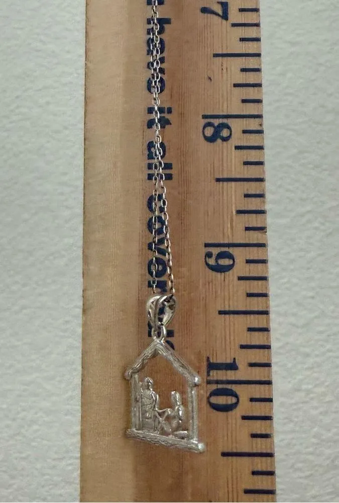 Vintage 925 Sterling Silver Nativity Scene Pendant 18” Necklace 3g. - Image 9