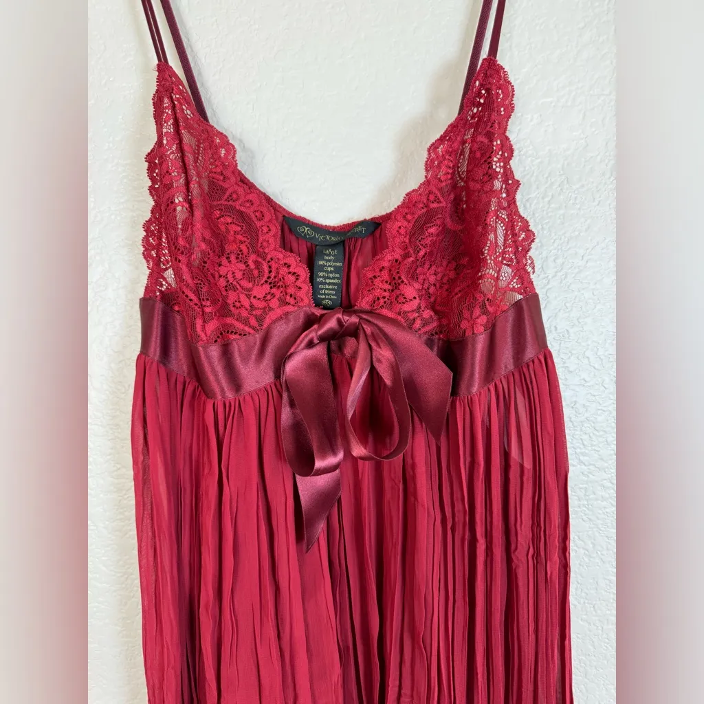 Vintage 90’s 2000’s Victoria’s Secret Chemise Sheer Burgundy with Lace & Bow L - Image 7