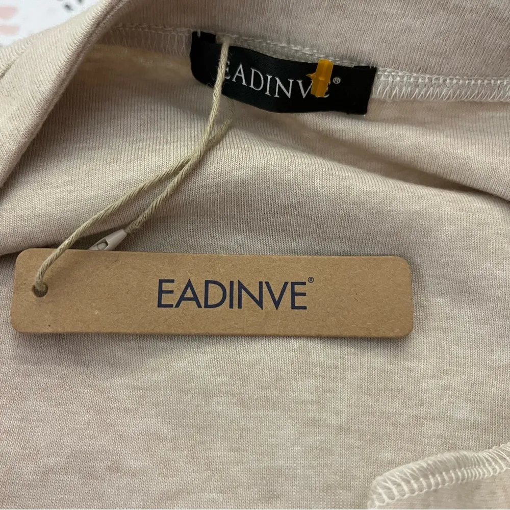 EADINVE Split Neck Pullover Long Sleeve Relaxed Fit Knit Top Beige S Tan - Image 3