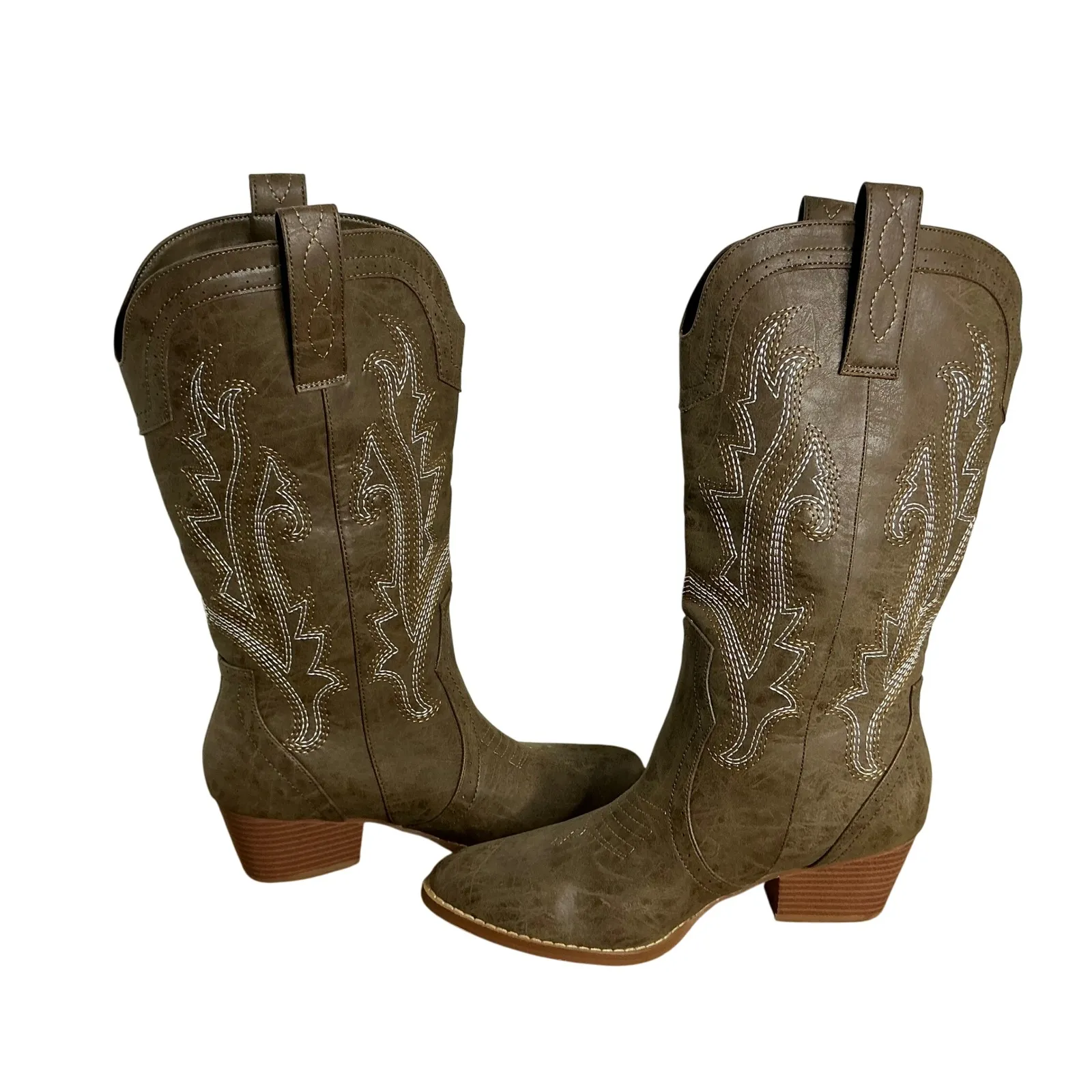 Women's Size 9 Western Cowboy Boots Brown Faux‎ Leather Stitch Detail Mid Calf - Image 2