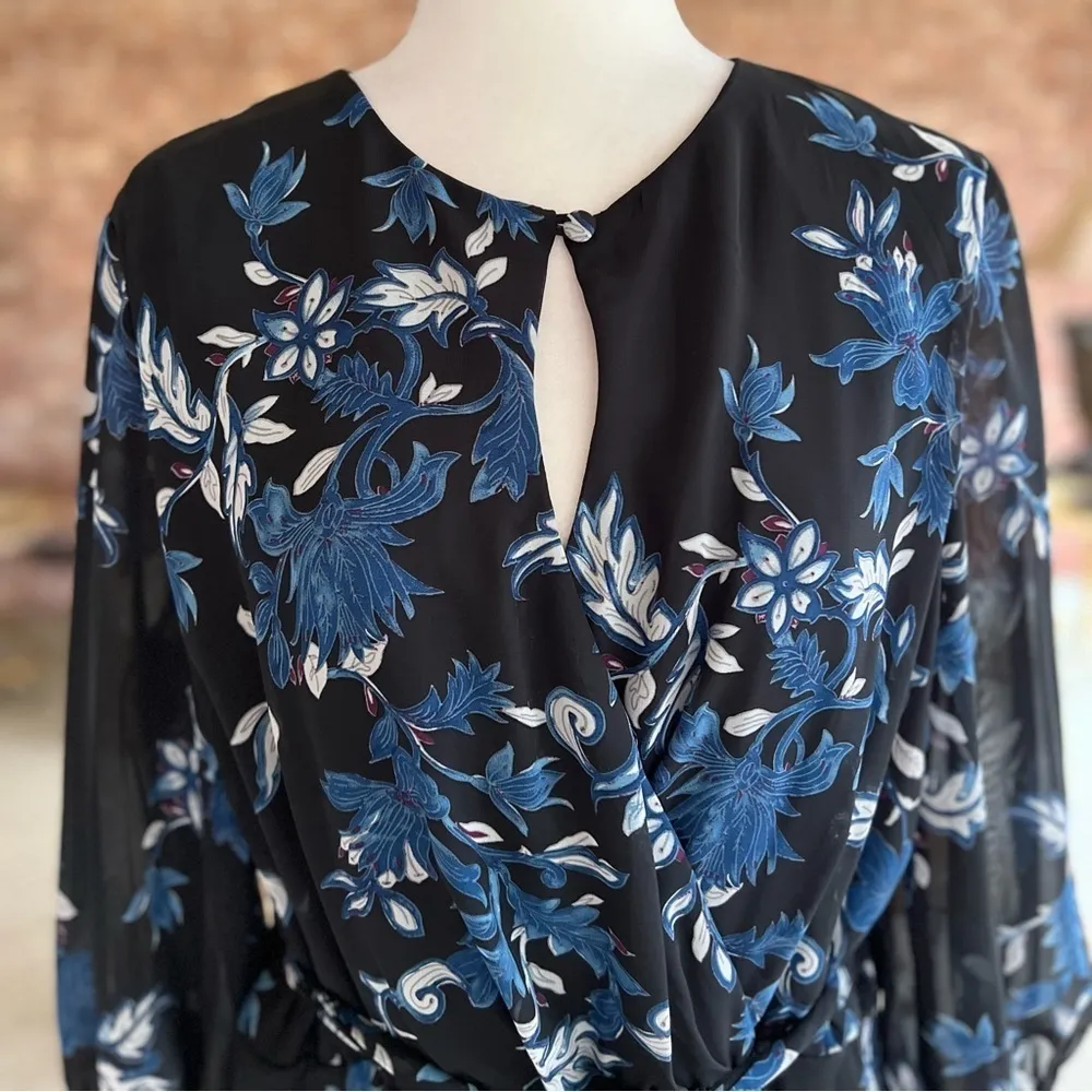 Lane Bryant Dress Midi Floral Asymmetrical Blue Black 14 Cocktail Garden Chic - Image 4