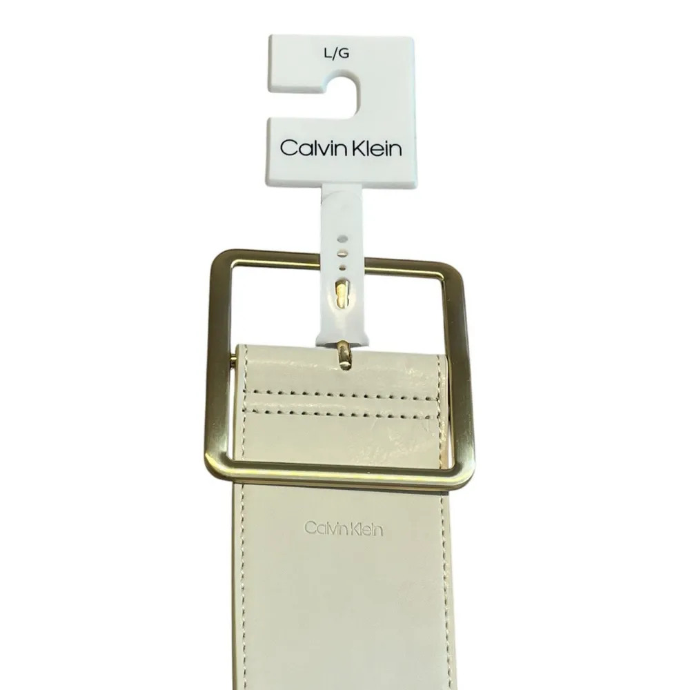 Calvin Klein Leather Belt Womens Large Bone White Gold Buckle Wide $45 MSRP NWT - Image 2