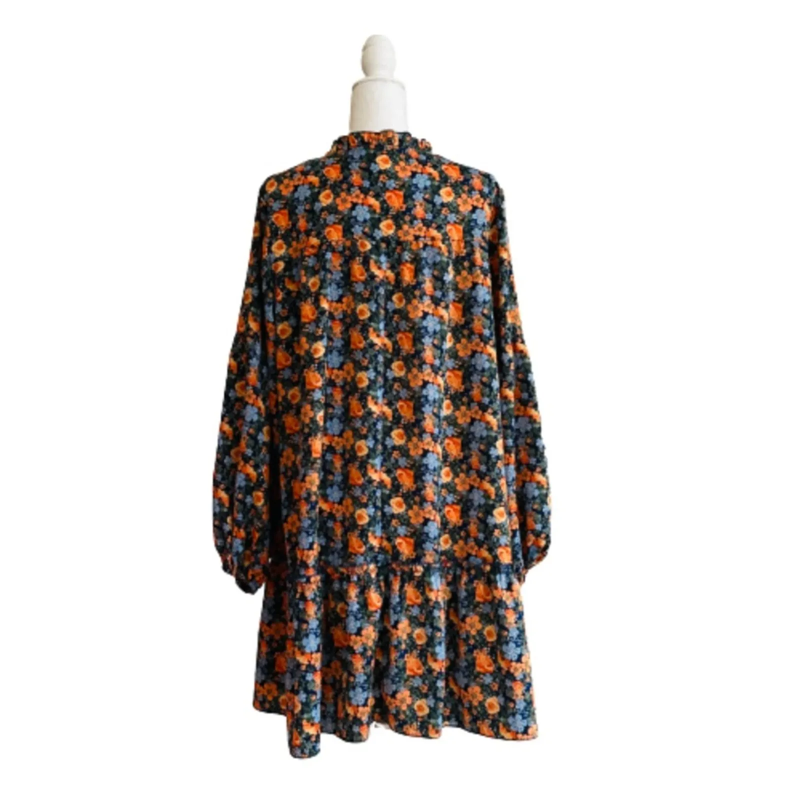 Kirundo Dress Floral Print Long Sleeve Tie Neck Ruffle Boho Swing Mini Large Orange - Image 7