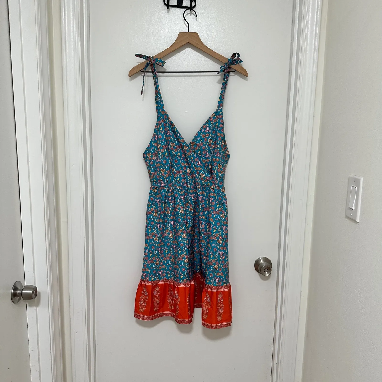 GABI | Teal Turquoise Orange Bohemian Floral Shoulder Tie Backless Mini Dress Blue - Image 4