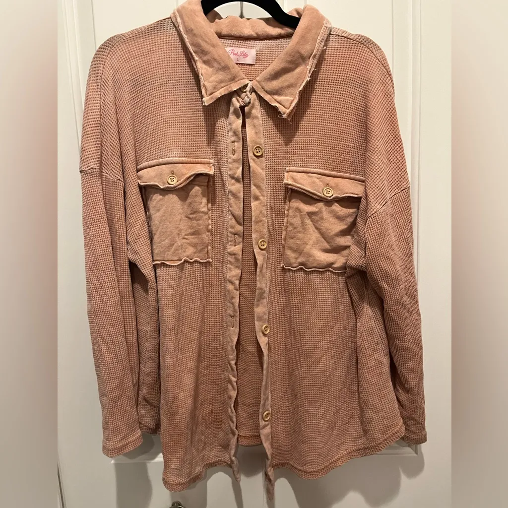 Acid Wash Shacket from Pink Lily Sz L Distressed Salmon pink color - Image 2