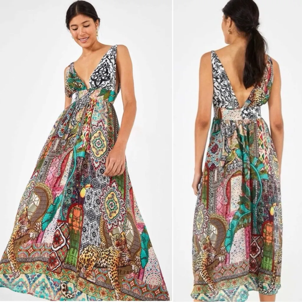 Farm Rio Tropical Floral Tiger Toucan Stained Glass Gayatri Maxi Dress Medium - Image 4