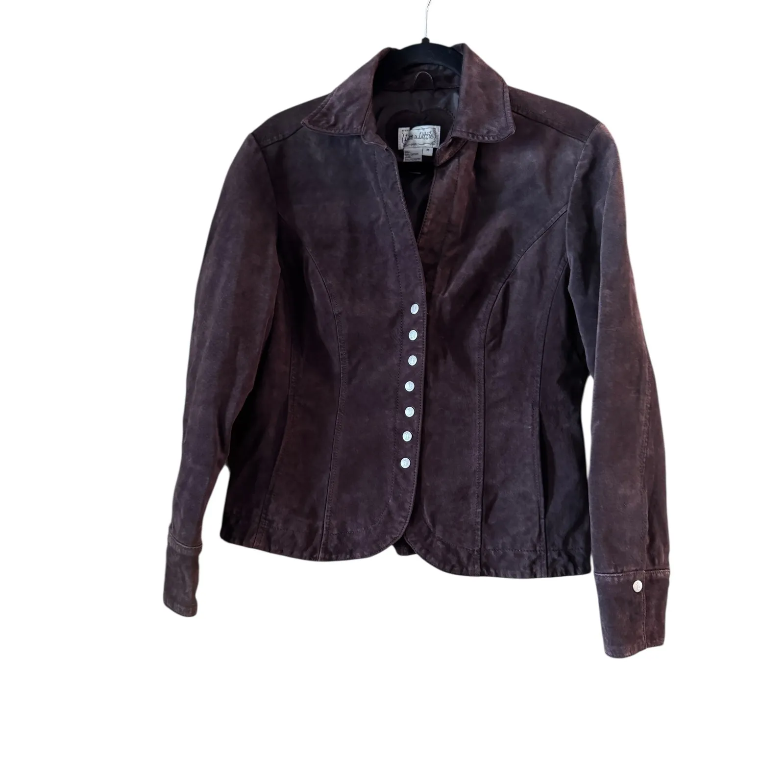 Live a Little Suede Chocolate Brown Leather Button Front Jacket Size M - Image 2