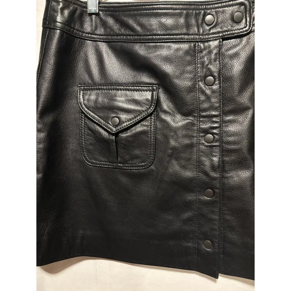 Boston Proper Black Real Leather Mini Skirt Front Snap Pockets Lined Self Belt - Image 3