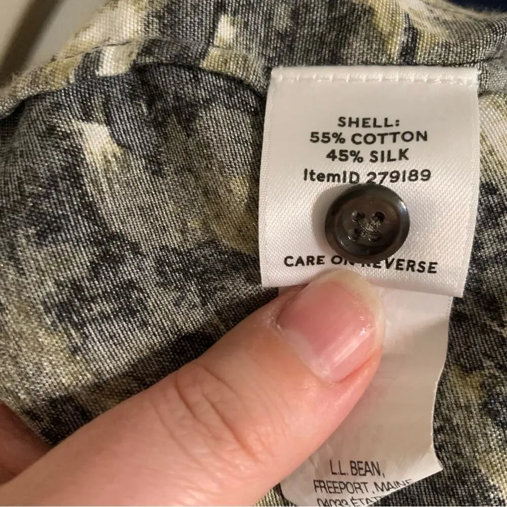 L.L. Bean Heritage Collection Camo Green Silk & Cotton Tie Waist Shirt Dress - Image 6