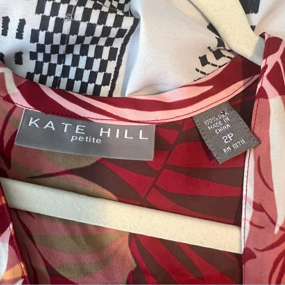 Sz 2P Kate Hill 100% Silk Red & Orange Beaded Faux Wrap Top - Image 9