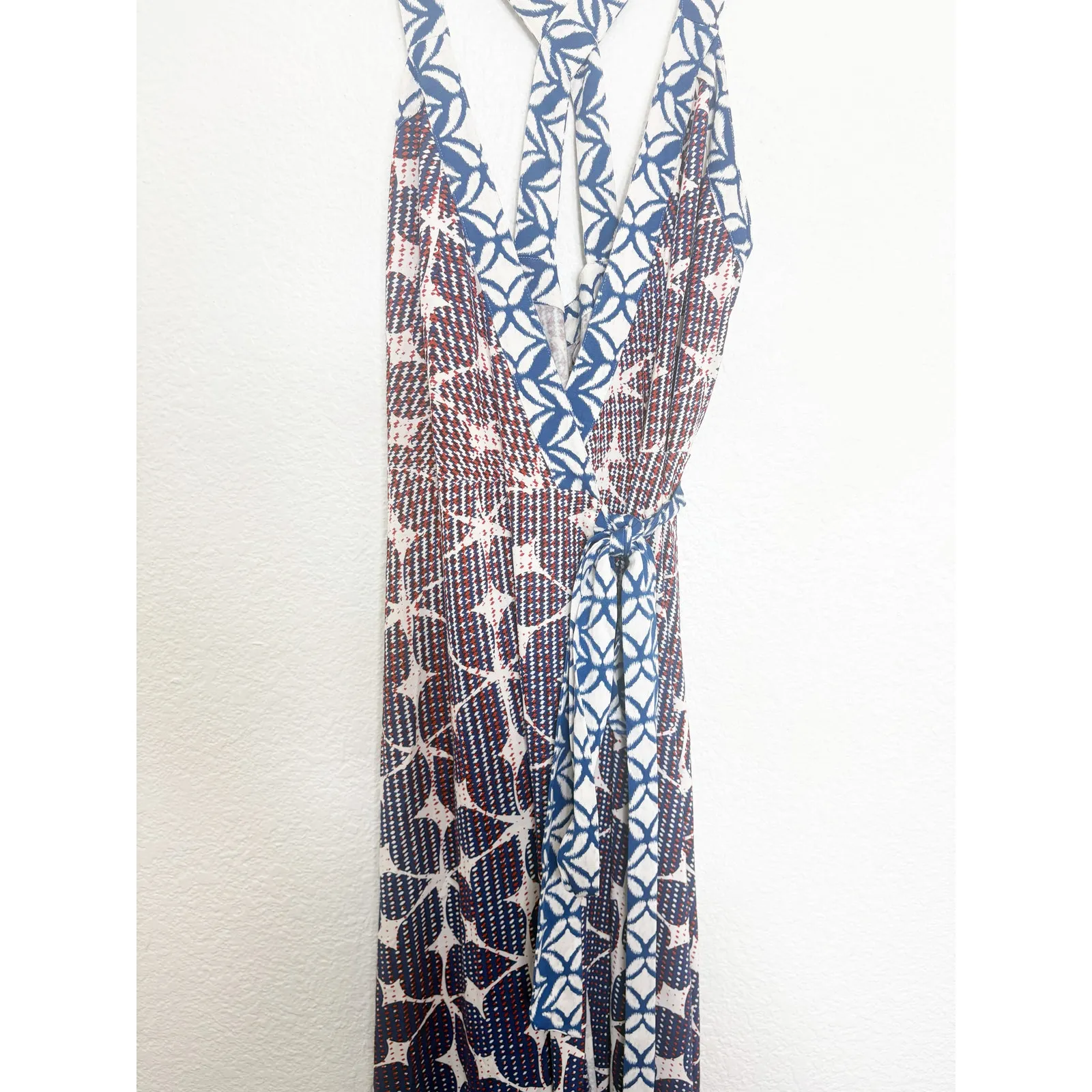 Diane Von Furstenberg Samson Silk Wrap Maxi Dress Size 12 Blue Red Print Resort - Image 9