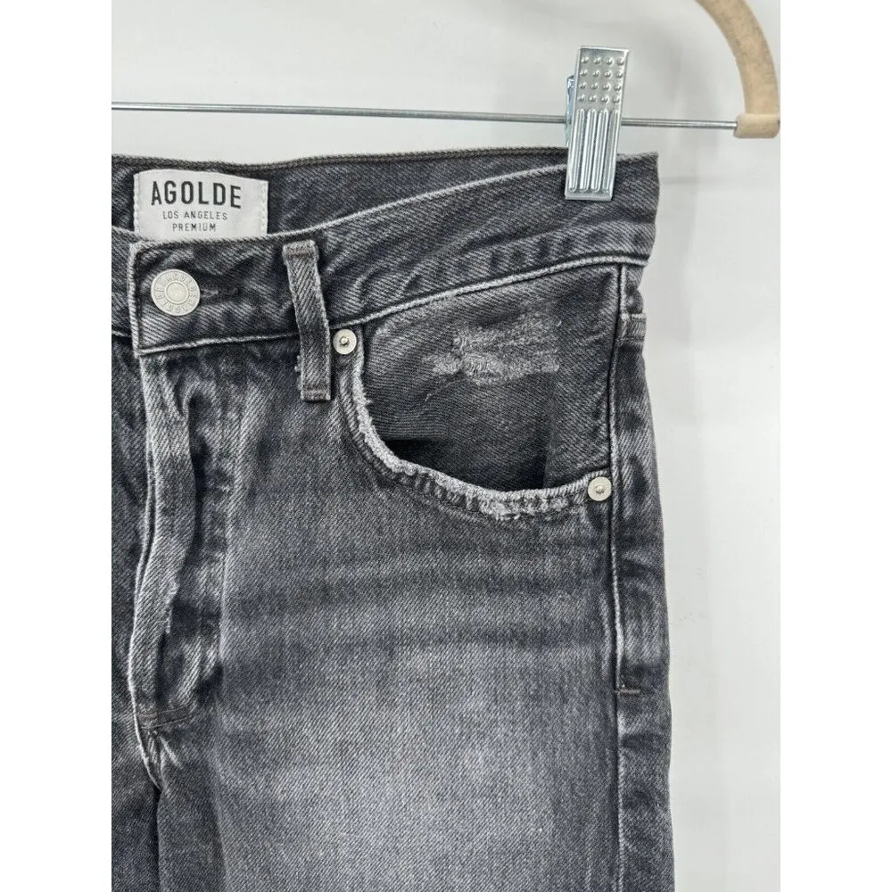 AGOLDE Button Fly Straight Leg Raw Frayed Hem Dark Wash Denim Women 24 Jeans - Image 3