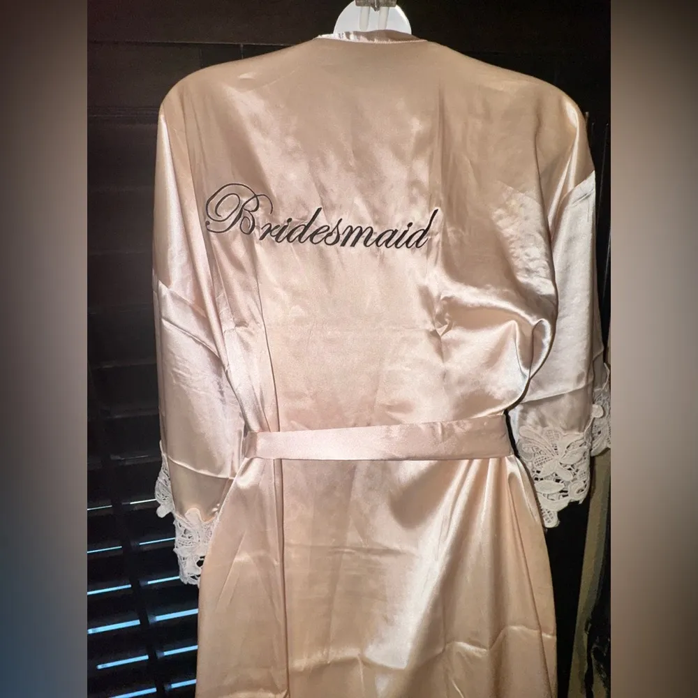 Womens Satin Robe Embroidered Bridesmaid Wedding Party Champagne Gift W Slippers Size undefined - Image 3