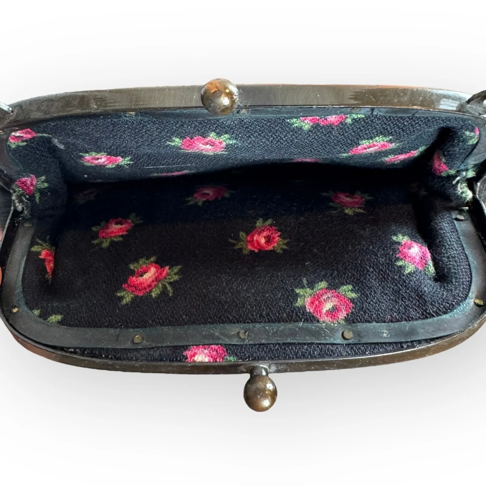 Vintage Black Hair Fur Shoulder Bag w/ Kiss Lock Pink Flower Lining Chain Strap - Image 5