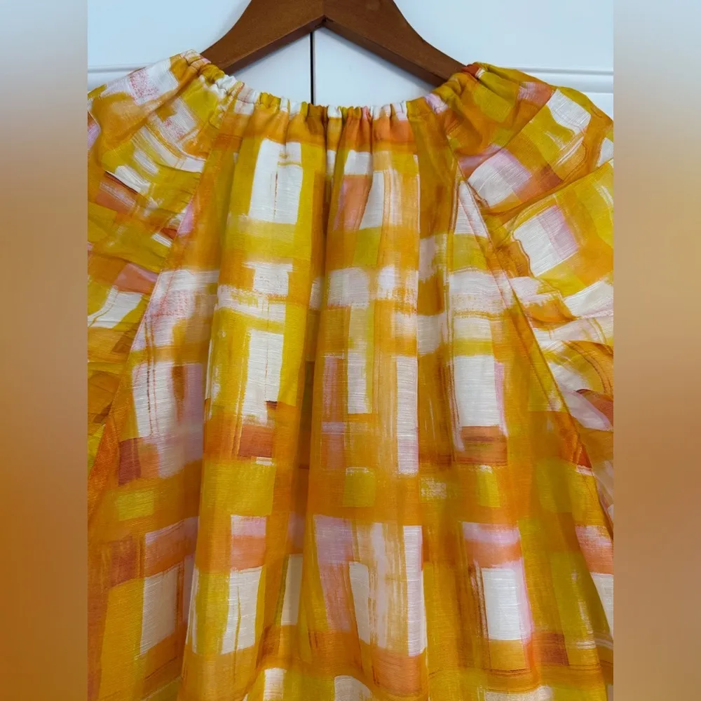 Marie Oliver Greta Puff Sleeves Golden Madras Mini Dress Sz Large - Image 11