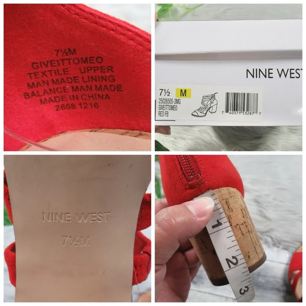 NINE WEST Give It To Me Red Suede Strappy Cork Heel Sandal Women’s Size 7.5 - Image 13