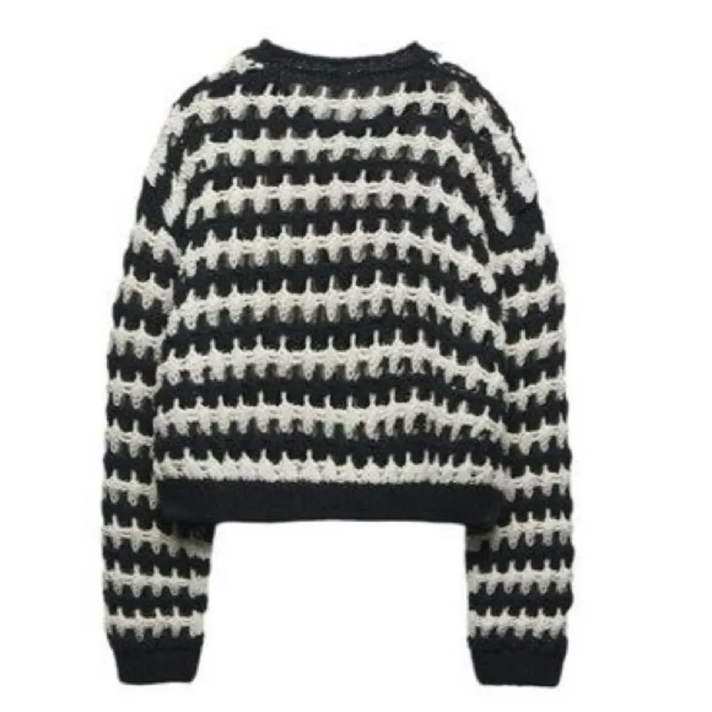 Zara Dark Blue And White Striped Open Chunky Knit Cropped Sweater With Pockets - Image 5