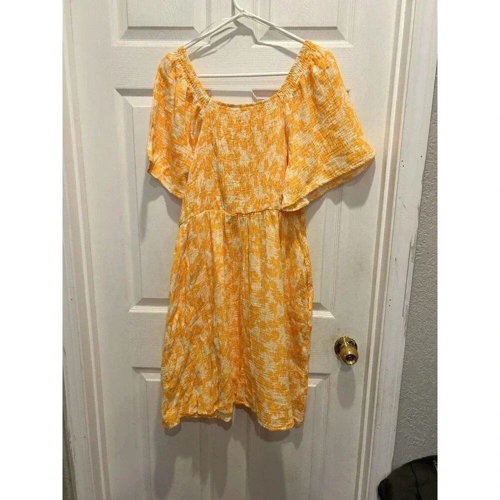 Terra Sky Fit & Flare Flutter Sleeve Smocked Dress Sz 14 0X Orange White‎ Floral - Image 7
