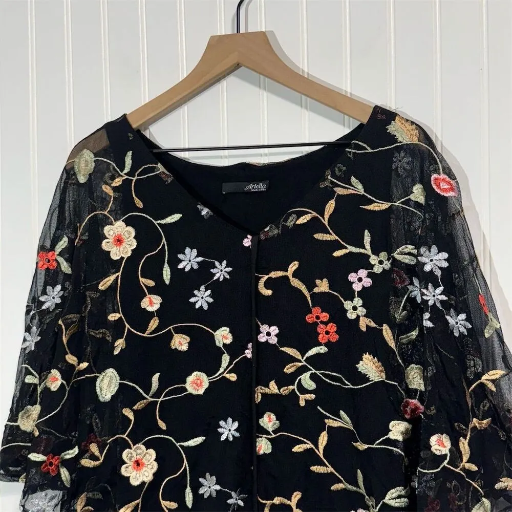 Ariella‎ Mesh Embroidered Floral Overlay Top Cape Sleeve Made in USA Size M - Image 2
