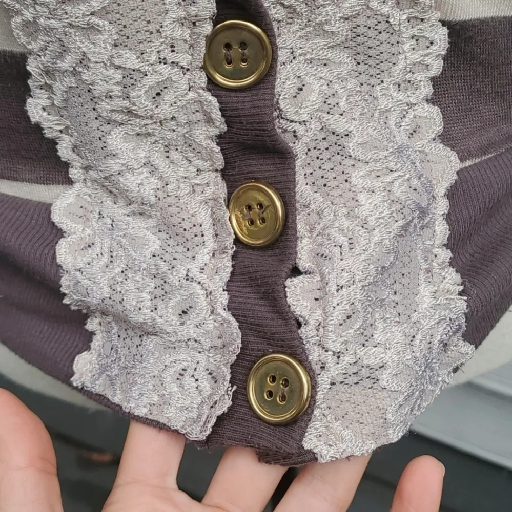 Pleione | Anthropologie V-Neck Striped 3/4 Sleeve Cardigan with Lace Accent - Image 3