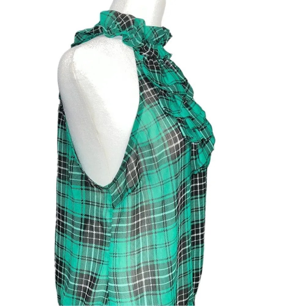 XXI cute green and black plaid high collar ruffle sleeveless top. New - Image 4