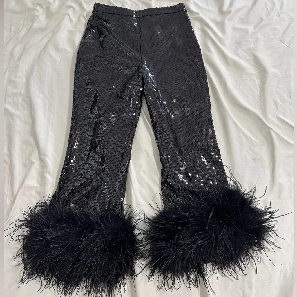 NWT Nadine Merabi limited edition The CLEO Black Sequins feather trousers/XS - Image 5