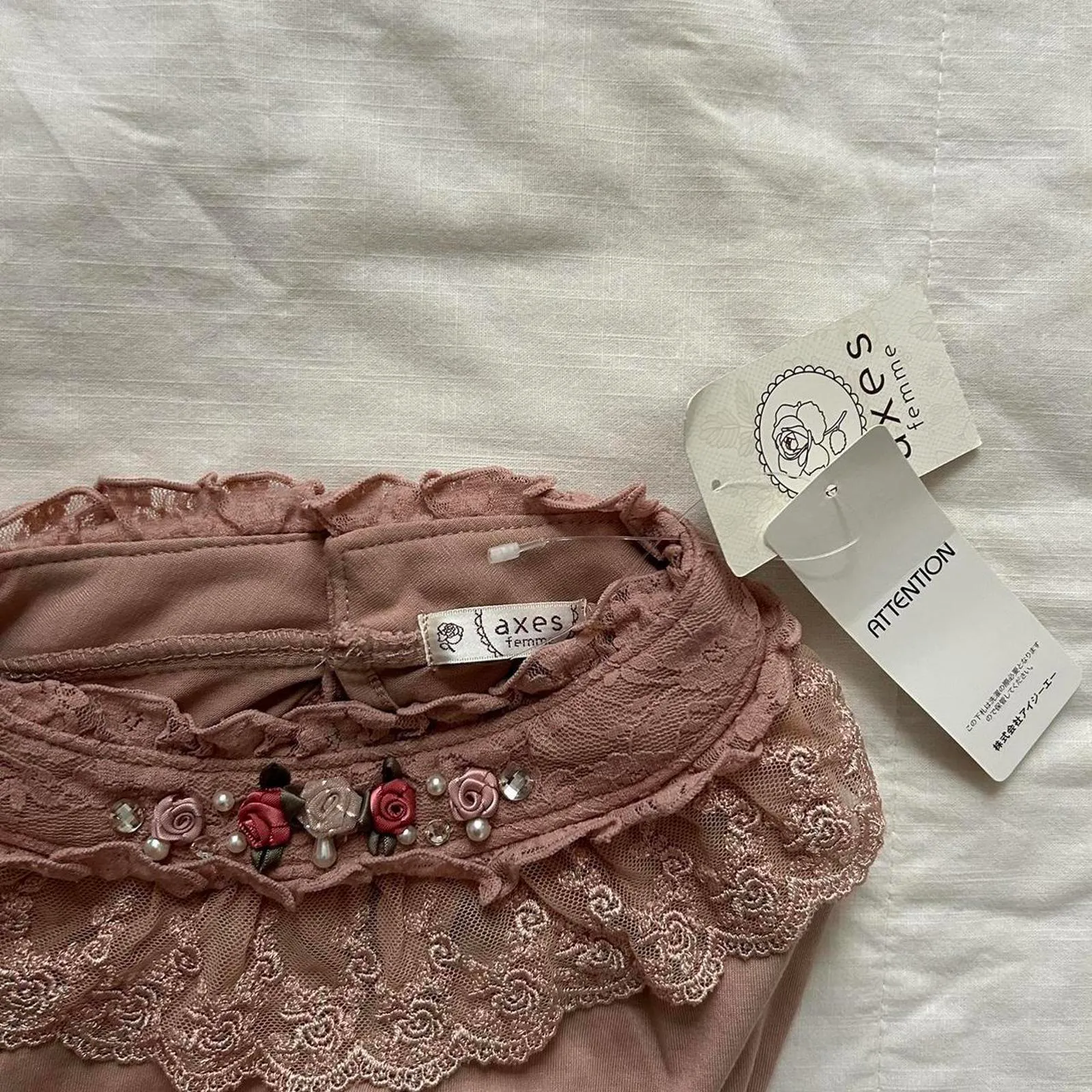 NWT Axes Femme high neck pink lace long sleeve top embellish bib little rosette Size M - Image 3