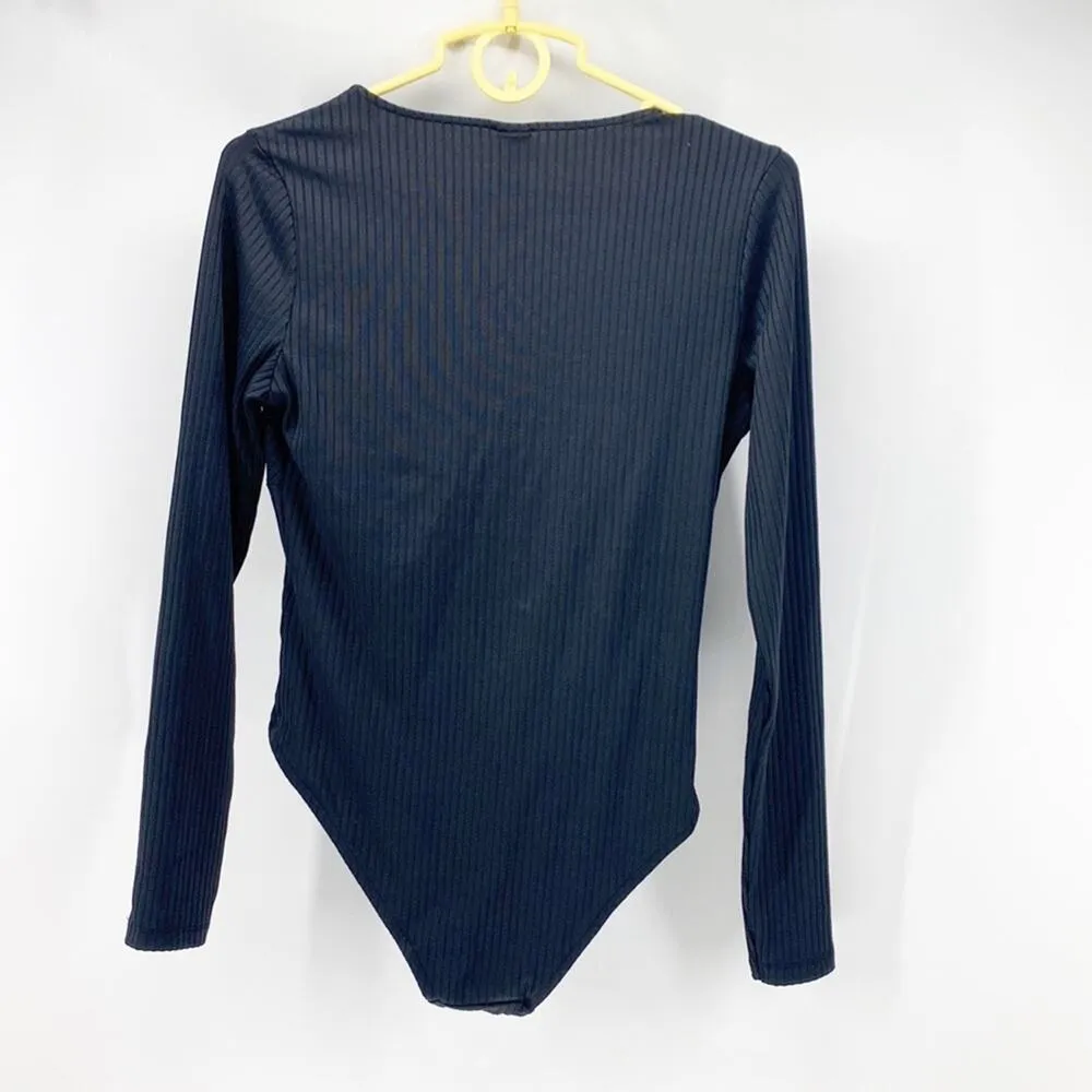 H&M black faux wrap ribbed black bodysuit date night girls night basic - Image 5